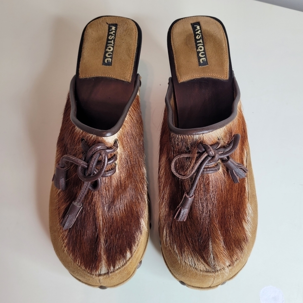 Mystique Calf Hair Leather Wooden Clogs Size Women's 7 - Picture 4 of 13